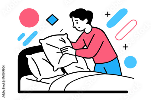 Pillow Fluffing Serenity. Adjusting the Pillow to a Comfortable Position. Adult fluffing multiple pillows on a bed with floating abstract geometric shapes and
