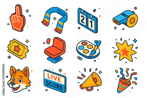 Colorful Sports Fan Icons. Sports event fan tags. Colorful isometric vector icons set of Sports event fan tags: foam finger, team scarf, scoreboard tile,