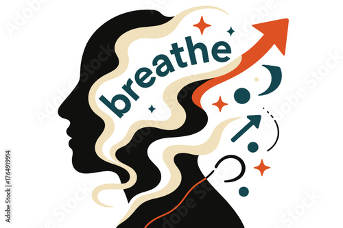 Veil of Smoke. Conceptual Portrait ? Veil of Smoke. A profile emerges from gentle smoke ribbons; the word ?breathe? dissolves along the curve. Small stars