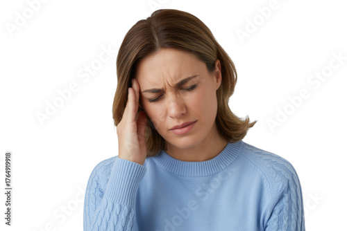 Woman experiencing migraine pain touching her temple in close-up studio portrait transparent background