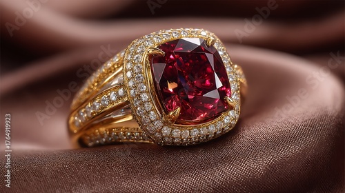 A luxurious gold ring featuring a stunning red diamond centerpiece, perfect for showcasing high-end jewelry.
