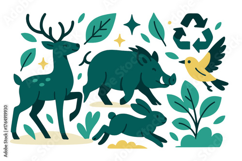 Dynamic Forest Ecosystem. Ecology. Group of animals in forest clearing with abstract floating leaves, arrows, and sparkles; emphasizes wildlife, ecosystem, and