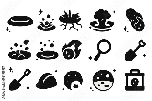 Meteorite Impact Icons. Meteorite impact craters. Solid icons set of Meteorite impact craters: crater rim, debris field, cracked ground, dust plume, rock