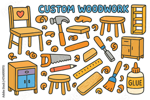 Colorful Woodwork Tools. custom woodwork. Colorful Hand-drawn doodle Children illustration custom woodwork wooden chair, table, stool, shelf, cabinet, hammer,