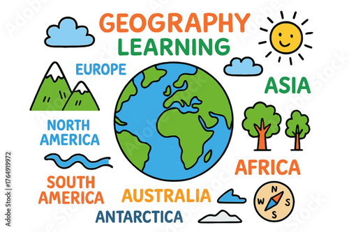 Geography Learning Doodle. geography learning. Colorful Hand-drawn doodle Children illustration geography learning globe, continents, Africa, Asia, Europe,