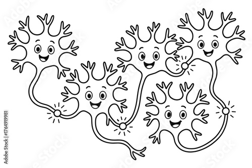 Neurons Coloring Fun. Brain connections children?s coloring book illustration, outlined drawing, a group of friendly neuron characters linking together with