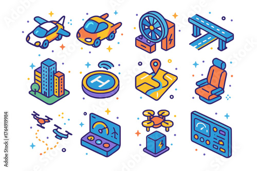 Advanced Mobility Icons. Advanced mobility. Colorful isometric vector icons set of advanced mobility: flying car, hover vehicle, electric propulsion, sky