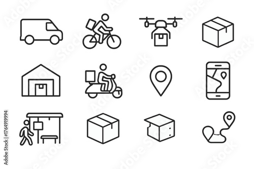 Urban Delivery Icons. Urban delivery. Line icon set of urban delivery: delivery van, bicycle courier, drone, package, warehouse, scooter, map marker,