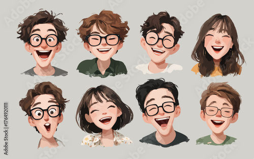 다양한 연령대의 젊은 남녀들이 안경을 쓰고 활짝 웃으며 행복한 감정을 표현하는 밝고 유쾌한 벡터 일러스트레이션 모음으로, 긍정적인 분위기를 전달합니다.