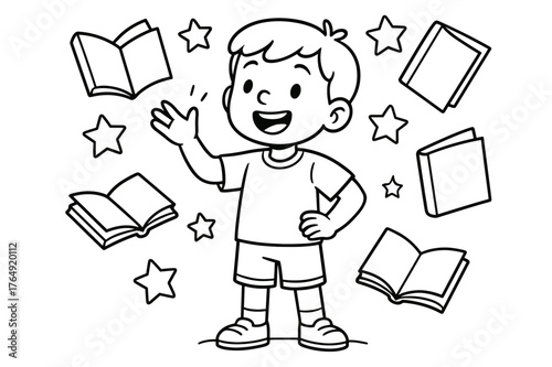 Storytime Adventure Coloring Page. Storytelling moment children?s coloring book illustration, outlined drawing, a kid standing proudly and telling a story