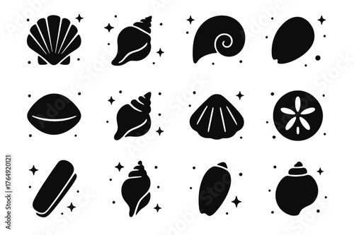 Seashell Icon Grid. Minimalist Seashell Silhouettes. Solid icons set of Minimalist Seashell Silhouettes: scallop silhouette, conch silhouette, nautilus