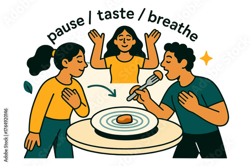 Mindful Dining Artistry. Mindful Eating Practices. Minimal table setting with one plate, one bite, and calm ripples around it. Text ?pause / taste / breathe?