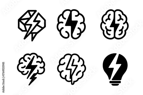 Brainstorm Logo Variations. Knowledge challenge. Set Logo of Knowledge challenge: brain with lightning bolt. harmonious logo variations of the same emblematic