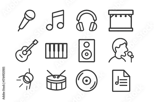 Pop Music Icons Grid. Pop music. Line icon set of pop music: microphone, music note, headphones, stage, guitar, piano, speaker, singer, spotlight, drum, vinyl