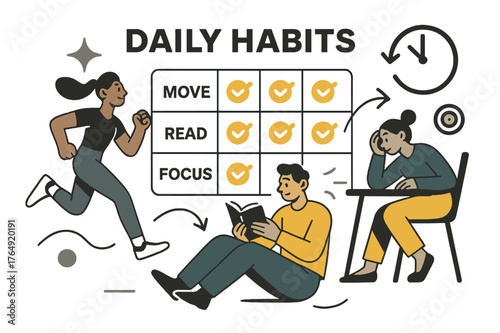 Vision Board Habits. Vision Board ? Daily Habits. A neat habit grid with checkmarks gliding across; labels ?Move, Read, Focus?. A minimal clock and arrow loop