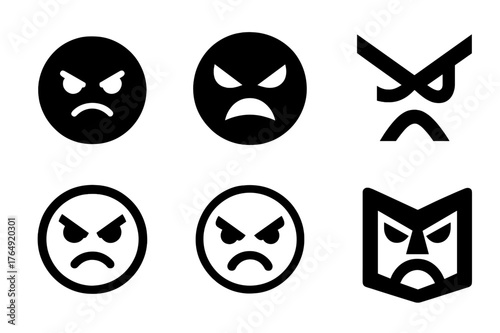 Abstract Angry Face Logos. Reading Emotions. Set Logo of Angry Face: Filled silhouette, Abstract geometric, Negative space, Flat solid, Symmetrical form,