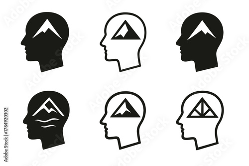 Mental Focus Logo Variations. improving mental focus and clarity for success. Set Logo of improving mental focus and clarity for success: mountain peak