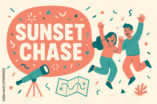 Sunset Adventure Banner. Sunset chase banner, flat vector illustration, bold oversized text inside rounded blob, cartoon characters jumping and waving,