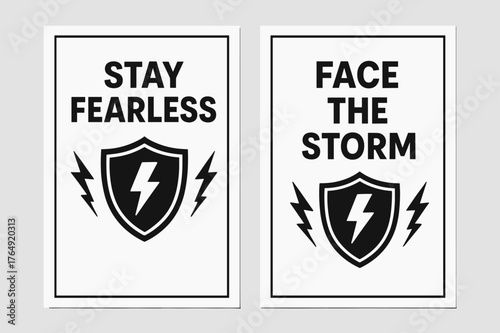 Fearless Courage Banners. Courage. Two vertical A6 banners with safe margins, centered composition, no elements touching edges, flat vector design, black and