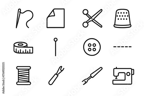 Hand Stitching Icons. Hand stitching. Line icon set of hand stitching: needle, thread, fabric fold, scissors, thimble, measuring tape, pin, button, stitch