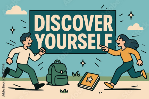 Discover Yourself Adventure. Discover yourself banner, flat vector illustration, bold oversized text inside rectangular frame, cartoon characters running and