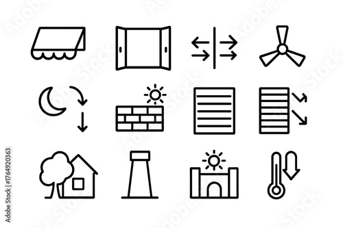 Natural Cooling Icons. Natural Cooling. Line icon set of Natural Cooling: shade awning, open window, cross-vent arrows, ceiling fan, night purge moon, thermal
