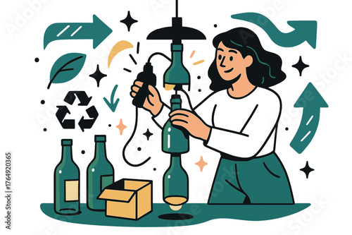 Eco-Friendly Lamp Crafting. Upcycling and creative reuse of materials. Person crafting a decorative lamp from recycled bottles with abstract floating arrows,