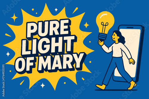 Mary's Radiant Light Banner. Pure Light of Mary banner, flat vector illustration, bold oversized text inside splash explosion banner, cartoon characters