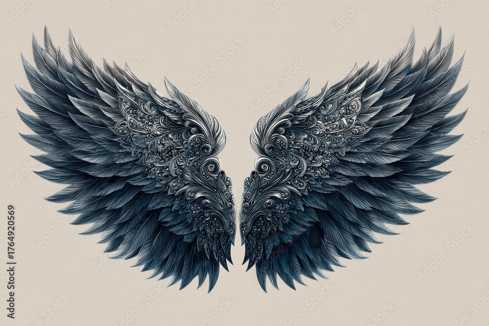 Obraz premium Ornate dark feathered appendages extend symmetrically against a neutral background
