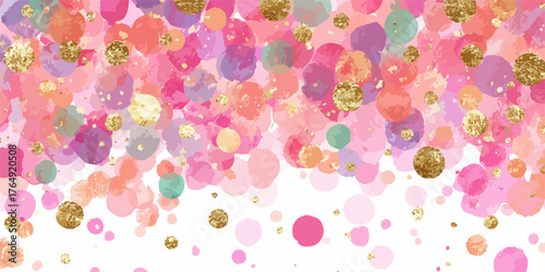 다채로운 수채화 물방울과 반짝이는 금색 요소들이 조화롭게 어우러져 축제 분위기를 연출하는 아름다운 추상 벡터 배경으로, 생일, 파티, 초대장 등에 활용하기 좋습니다.