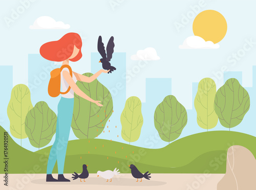 Woman Feed Pigeons at Nature Enjoy Outdoor Activity Vector Illustration