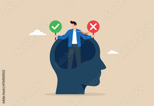 Flat illustration of businessman holding check mark and cross signs inside head silhouette representing internal dilemma decision making and critical thinking