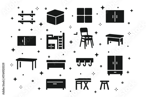 Storage Solutions Icons. Storage Solutions. Solid icons set of Storage Solutions: wall-mounted shelves, storage ottoman, modular cubes, hanging cabinet, loft