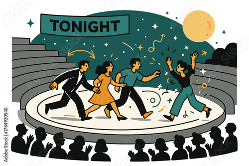 Moonlit Stage Performance. Open-Air Amphitheater Performance. Actors stride across a semicircular stage; moonlight washes the stone tiers as ?Tonight? glows on