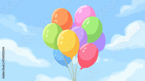 푸른 하늘을 배경으로 다채로운 색상의 풍선 묶음이 경쾌하게 떠오르는 벡터 일러스트레이션으로, 축하와 행복의 순간을 표현합니다.