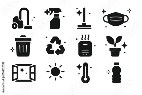 Clean Home Icons. Clean & Hygienic Home. Solid icons set of Clean & Hygienic Home: vacuum, cleaning spray, mop, mask, trash bin, recycling, air purifier, house