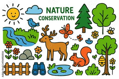 Nature Conservation Doodle. nature conservation. Colorful Hand-drawn doodle Children illustration nature conservation forest, river, trees, birds, deer,