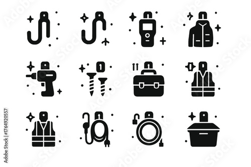 Heavy-Duty Garage Icons. Heavy-duty garage hooks. Solid icons set of Heavy-duty garage hooks: utility hook, bike hook, ladder hook, stud finder, drill, screws,