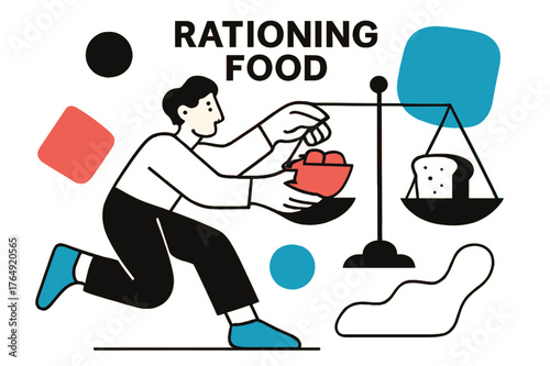 Precision Food Rationing. Rationing Food. Person using scales to divide ingredients with floating abstract geometric shapes, precise and careful scene. Modern