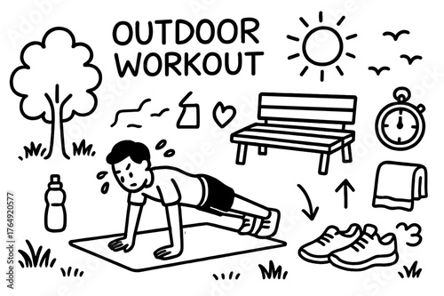 Outdoor Workout Essentials. Outdoor workout. Hand-drawn doodle illustration outdoor workout park bench, grass, tree, push-up pose, mat, water bottle, sun,