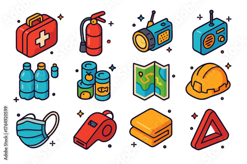 Emergency Essentials Icons. Emergency preparedness. Colorful isometric vector icons set of emergency preparedness: first aid kit, fire extinguisher, emergency
