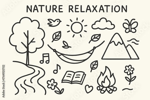 Nature Relaxation Icons. Nature relaxation. Hand-drawn doodle illustration nature relaxation tree, river, mountain, hammock, sun, clouds, leaves, bird,