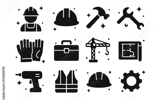 Skilled Labor Icons. Skilled Labor. Solid icons set of Skilled Labor: construction worker, hard hat, hammer, wrench, gloves, toolbox, crane, blueprint, drill,