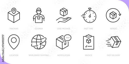 Delivery line icon set. Tracking, courier, save package, fast time, repeat, location, worldwide shipping, notification, invoice, fast delivery sign. Vector illustration. Editable stroke. Flat design.