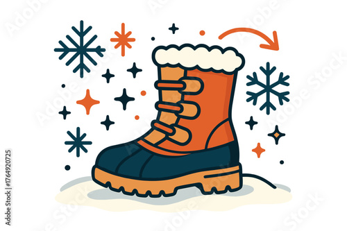 Stylish Snow Boots. Boot. Snow boots on snowy background with abstract floating snowflakes, icons, and sparkles; conveys winter, warmth, and outdoor fashion.