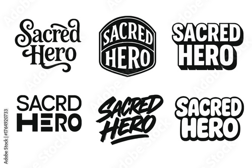 Sacred Hero Lettering Styles. Sacred Hero. Set lettering. harmonious lettering variations of the same emblematic concept (Whimsical curly type with flourishes,