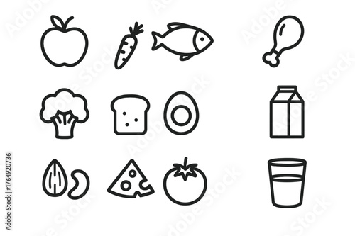 Healthy Eating Icons. Healthy eating plate. Line icon set of healthy eating plate: apple, carrot, fish, chicken drumstick, broccoli, bread slice, egg, milk