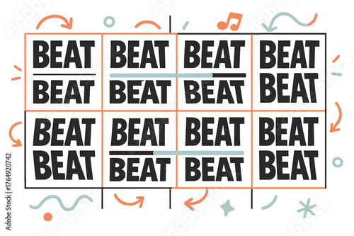 Dynamic Rhythm Typography. Kinetic Typography ? Rhythm Grid. Blocks of ?BEAT / BEAT? jump on a tidy grid; a tiny playhead sweeps left to right. Letters
