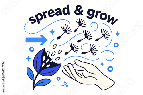 Seeds on the Wind. Seeds ? Wind Scatter. Light gusts lift seeds from a pod; spiral lines mark flight paths. Text ?spread & grow? arcs through the breeze.