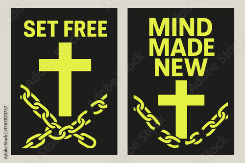 Brutalist Freedom Banners. Redemption. Two vertical A6 banners with safe margins, centered composition, no elements touching edges, brutalist, charcoal and